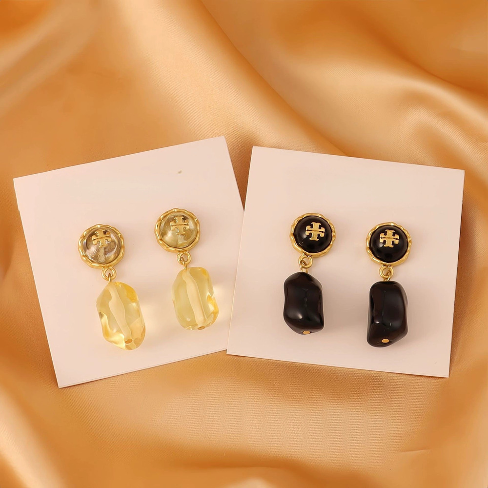 Tory Burch Classic Gold Plated Copper Acrylic Geometric Stud Drop Earrings Pair